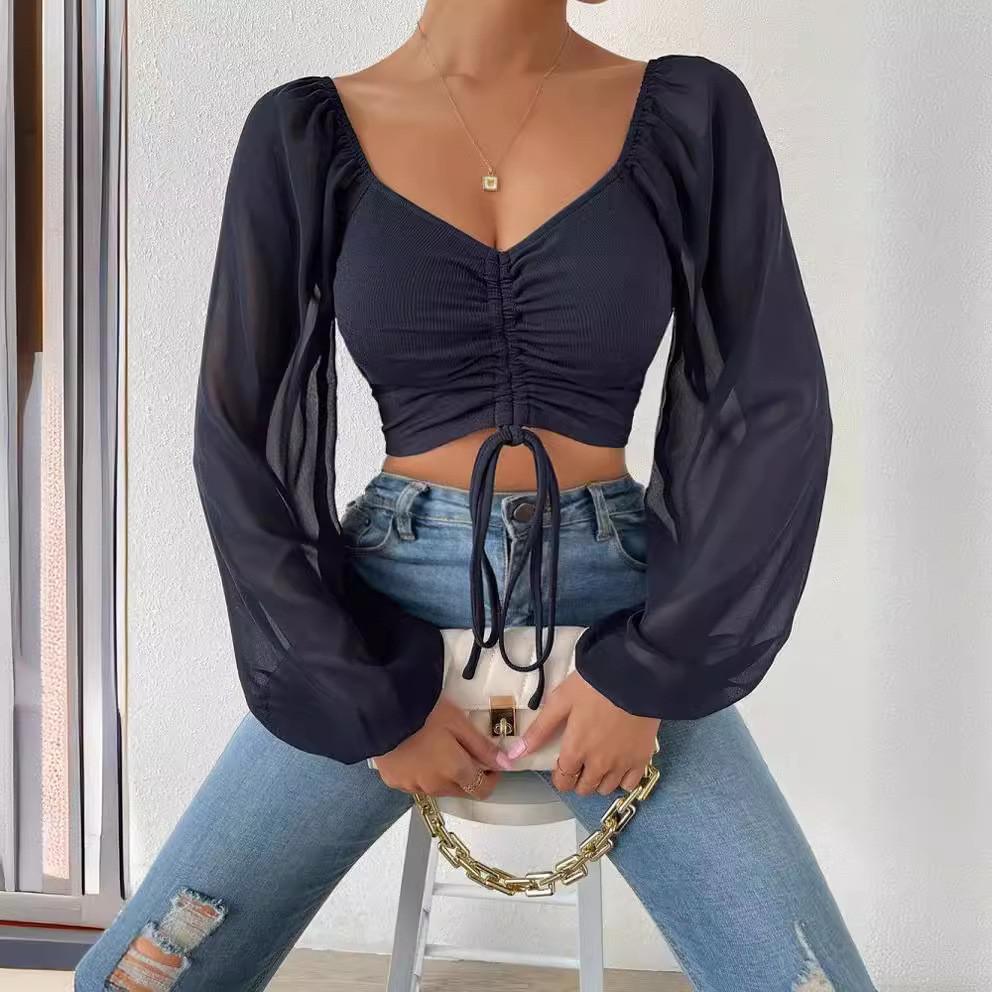 Chiffon Drawstring Lantern Sleeve Blouse With Slim Fit For Fashion Women 2024 Spring