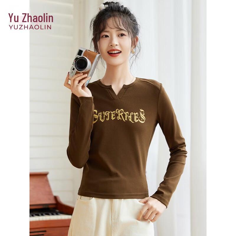 Yu Zhaolin Women s Retro Letter V-Neck Long-Sleeve T-Shirt M