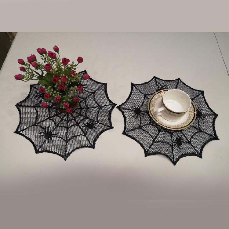 Schwarze runde Schnürsenkel-Deckchen mit Spinnennetzen Tischset für Paare und Einweihung