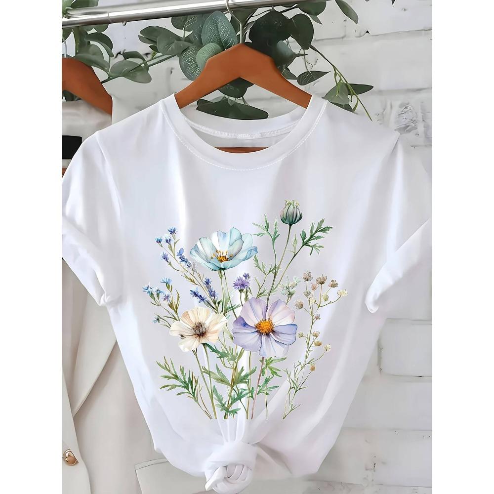 Women S Floral Print Round Neck Short Sleeve with Random Floral Design Harajuku Short Sleeve Clothes S