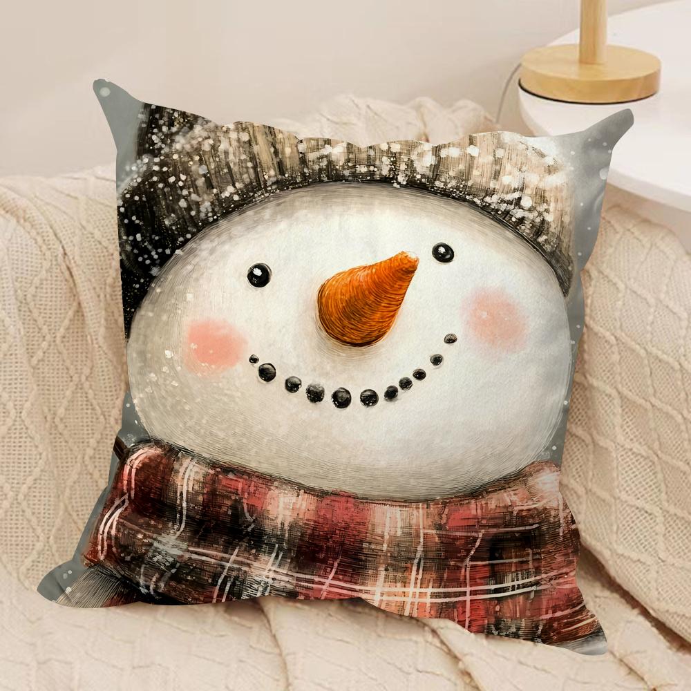 Snowman Oil Paint Retro Cushion Cover Silky Short Plush Invisible Zipper Dustproof Sofa Pillow Case For Home Decor
