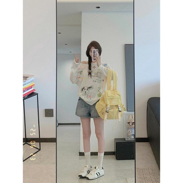 

No price reduction #Summer off-shoulder long-sleeved t-shirt women s thin Korean lazy loose white slanted shoulder top S
