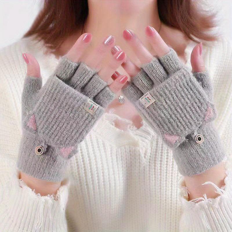 1 Paar Damen Winter Niedliche Katzenohr Halbfinger Klapphandschuhe - Weiche Winddichte Warme Handschuhe