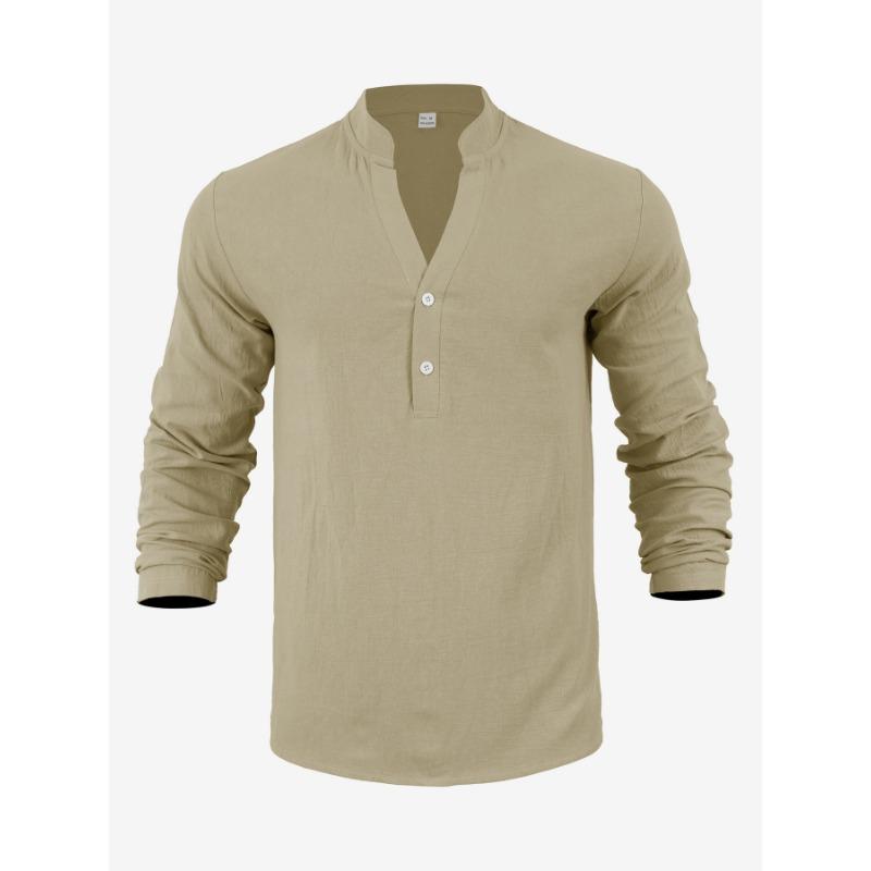 Men S Linen Blend Solid Color Long Sleeve Stand Collar Casual Shirt