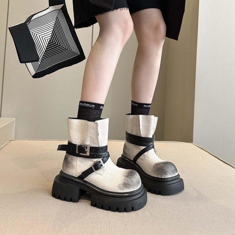 Spice Girl Style Retro Platform Martin Short Boots New Fashion Polish Color Increase Versatile Belt Buckle Single Boots