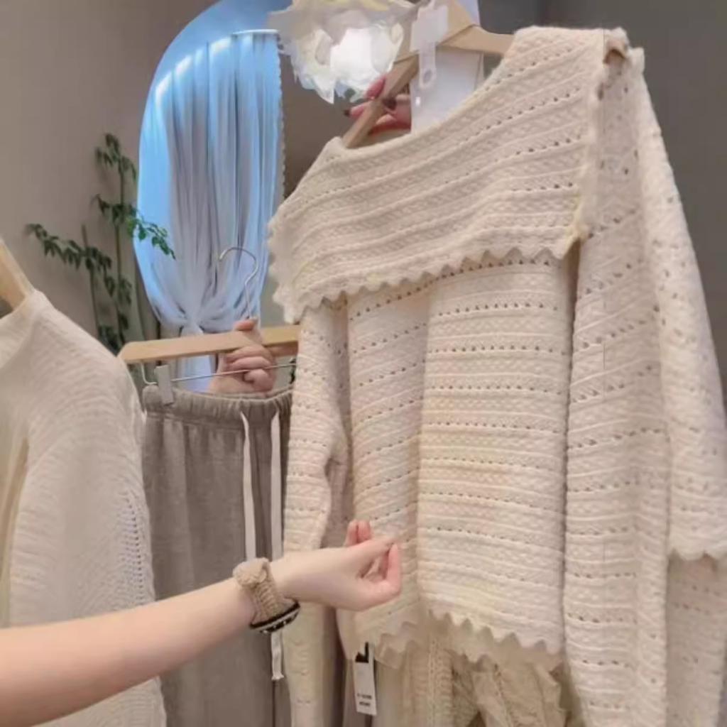 Autumn New Sweater Korean Version Loose Temperament Versatile Navy Collar Sweet Hollow Knitted Cardigan Jacket Top Women