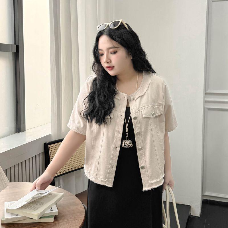 

Plus size women clothing [Korean Series Wear Jacket] Chubby Girl Summer Loose Casual round Neck Frayed Short sleeve Short Outerwear Apricot Gray 7xl