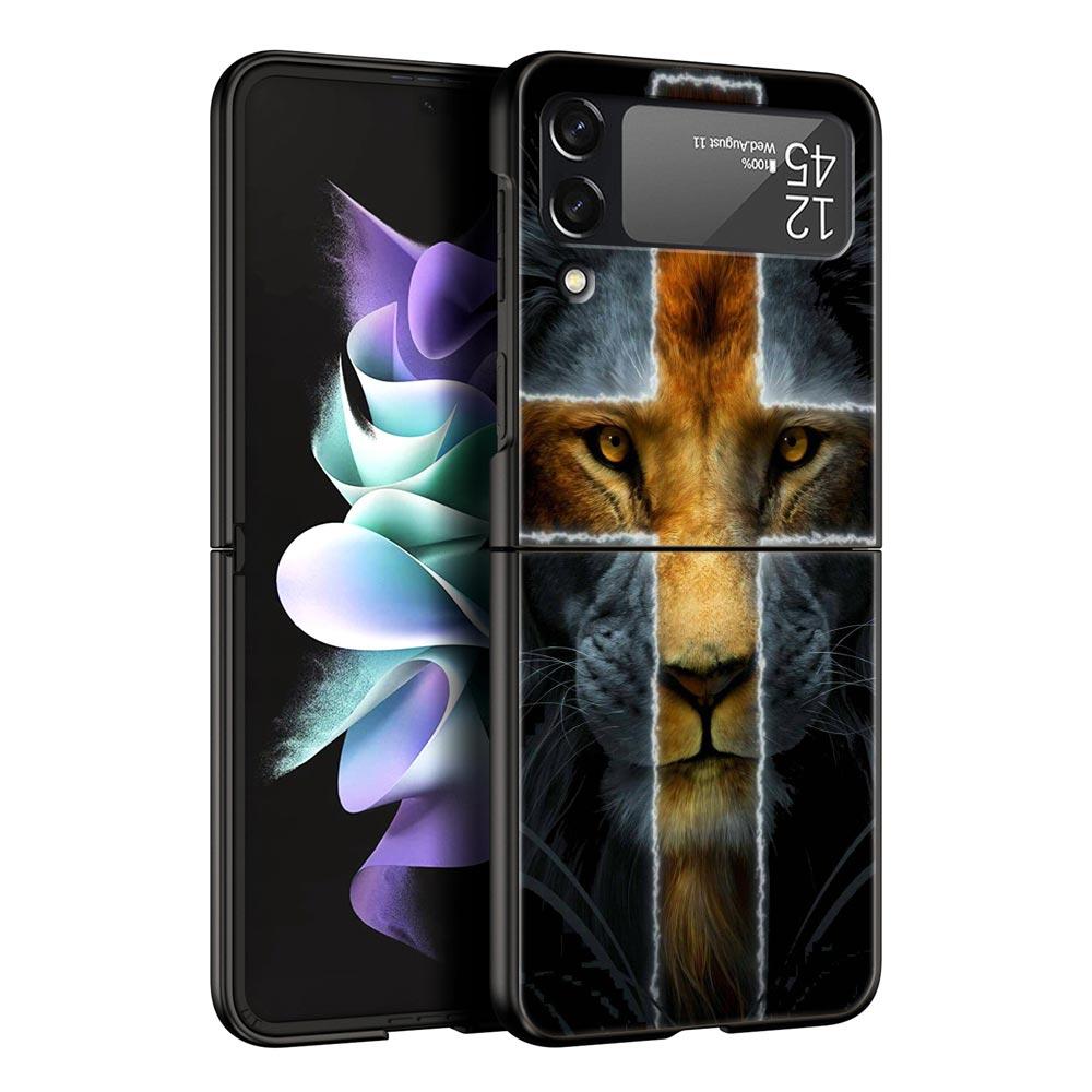 Cross Pattern Bicolor Lion Hard PC Phone Case For Samsung Galaxy Z Flip 7 6 5 4 Black Cover For Galaxy Z Flip 3 Foldable Shell