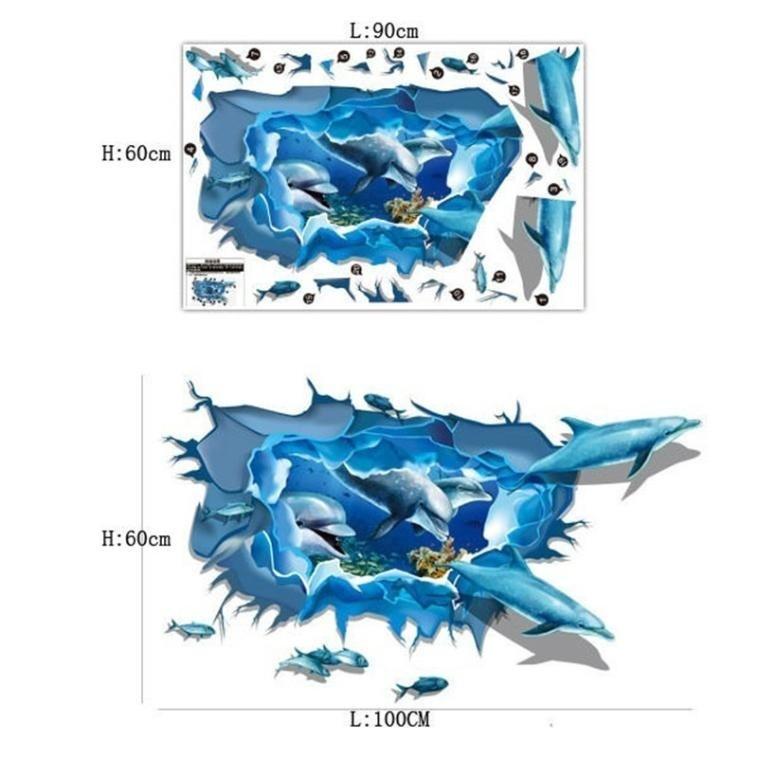 1pc New Aquarium Blue 3D Dolphins Crack Wall Sticker Kids Decal Vinyl Mural Home Art Deco