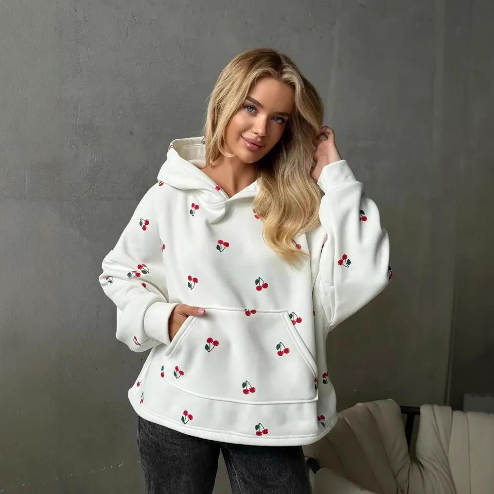 Women's Cherry Print Sweatshirt Jacket - Autumn European & American Street Style, Loose Fit, Versatile Sports Hoodie