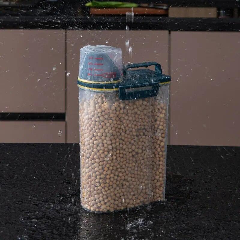 1.5/2L Waterproof Pet Food Storage Tank with Measuring Cup Sealed Container Leakproof Portable Buckets Dog Cat Feeder Dispenser