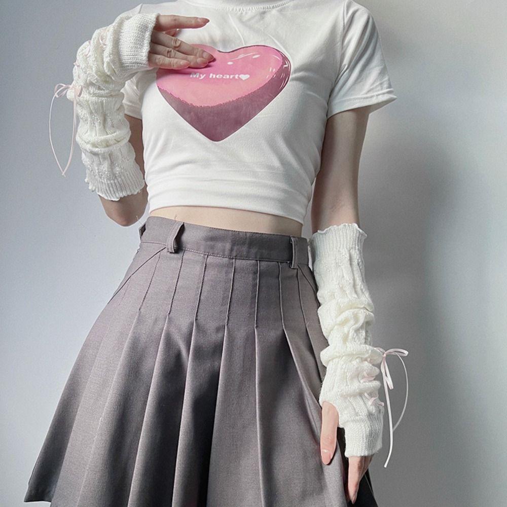 Gothic Y2K Knitted Gloves Harajuku JK Lolita Arm Sleeves Fashion Bowknot Oversleeve  Girls