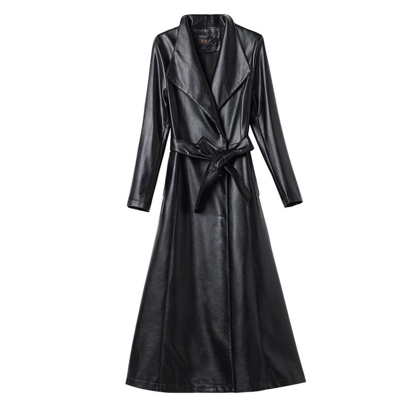 Womens Long PU Leather Trench Coat With Faux Fur Collar Winter Elegant Outerwear