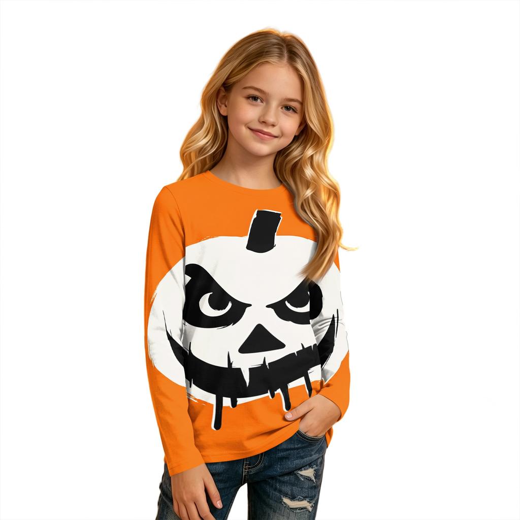 Kids' Long Sleeve Halloween Print T-Shirt with Round Neck for Everyday Wear