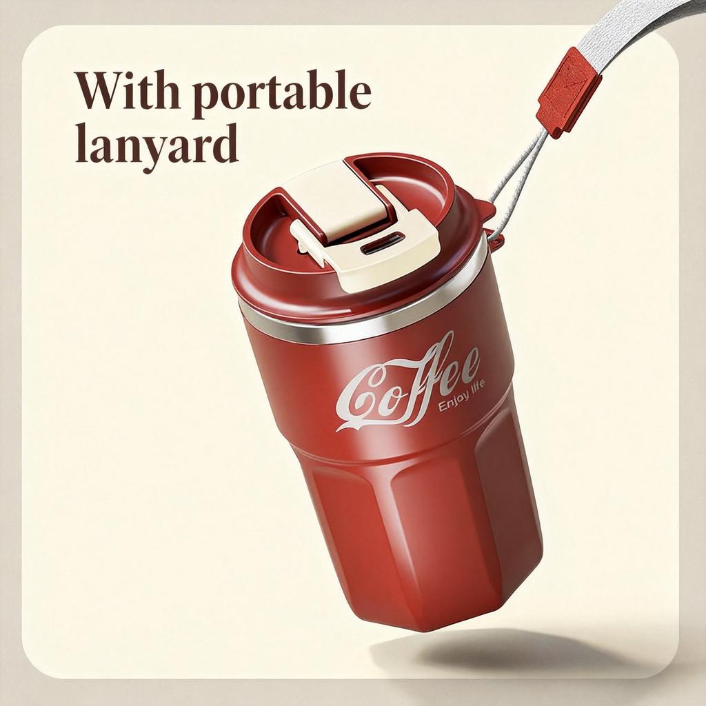 480ml Stainless Steel Coffee Mug with Straw & Lid, 304 Food Grade Double Wall Insulated Cup, Portable Travel Tumbler With Rope