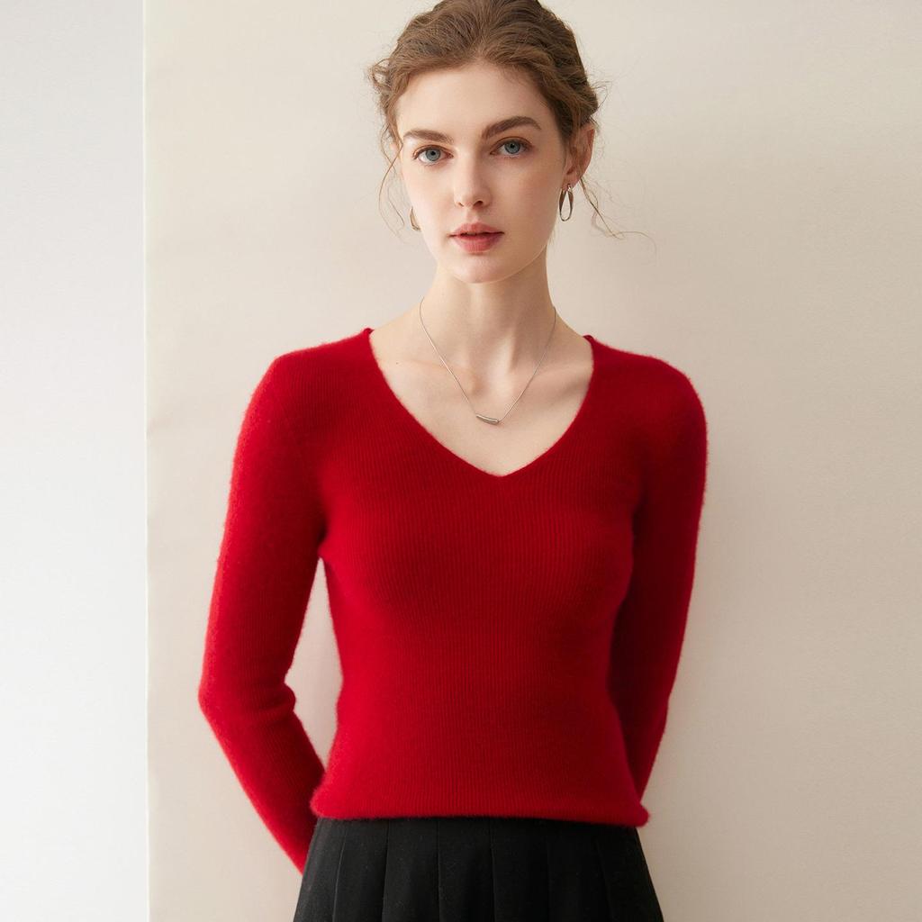 Women's Seamless V-Neck Ribbed Cashmere Sweater - Slim Fit Base Layer for Autumn/Winter