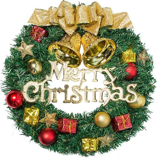 13 Inch Christmas Wreath, Artificial Pine Garland with Bowknot Bells Deer Red Berries Flower Gifts for Christmas Party Decor Front Door Wreath