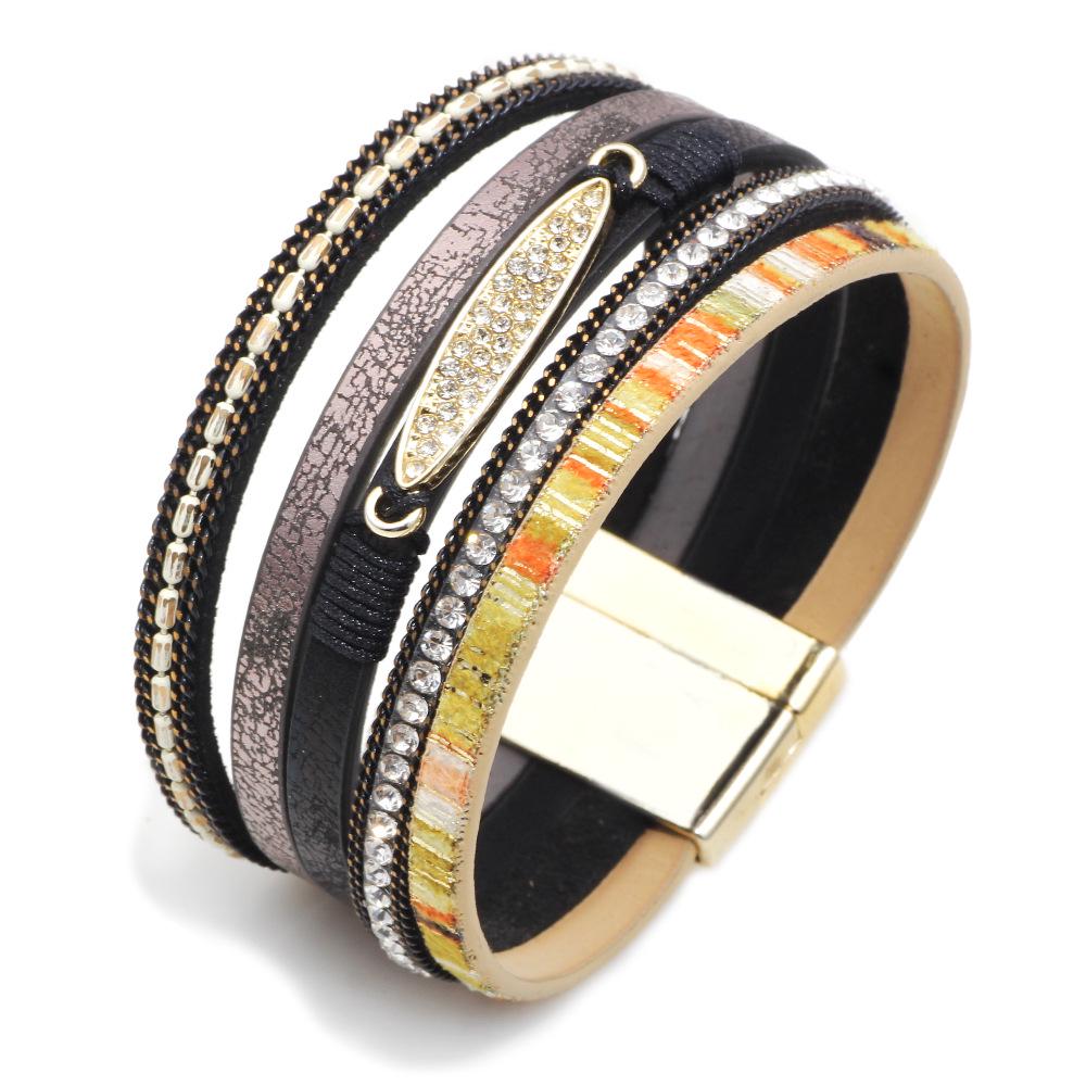 Bohemian Micro-Diamond Cross Bracelet with Magnetic Clasp & PU Leather