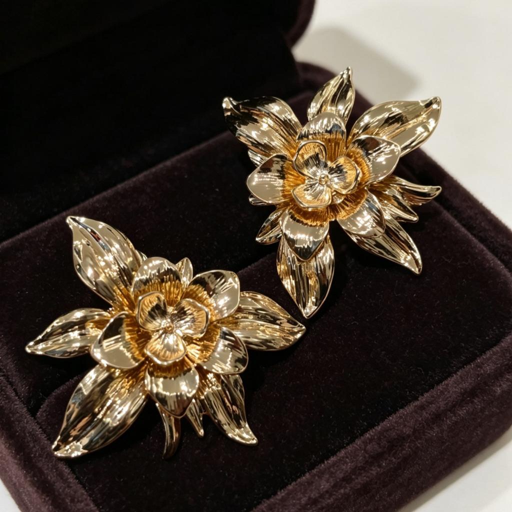 Spring and Summer New Golden Three-dimensional Petal Temperament Sunflower Flower-shaped Button Accessories Earrings
