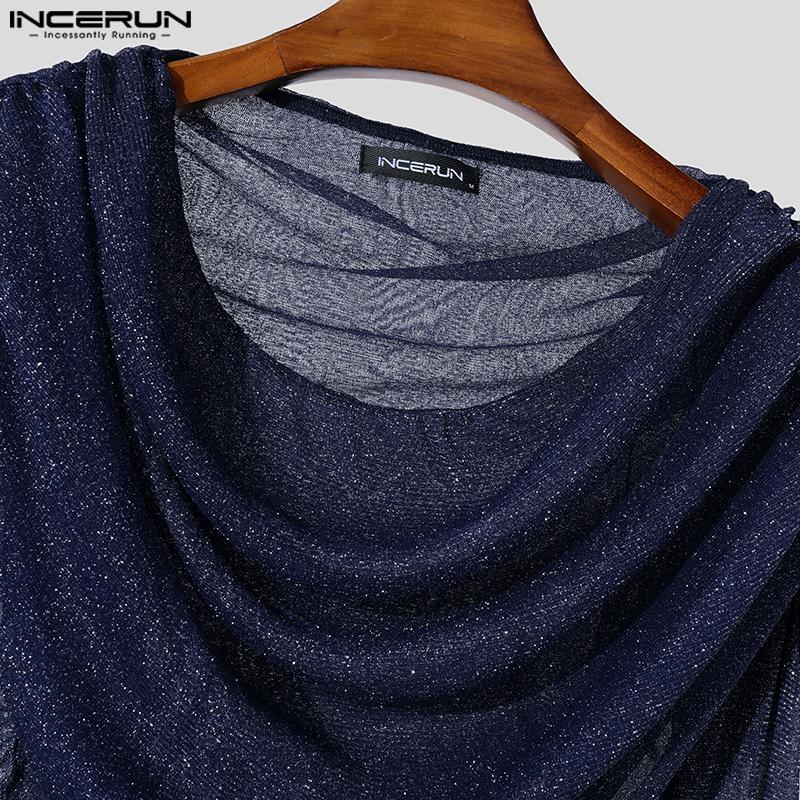 INCERUN Herren Swing Kragen Langarm Rüschen Schichten Glitter Mesh Party Clubwear Tops T-shirts