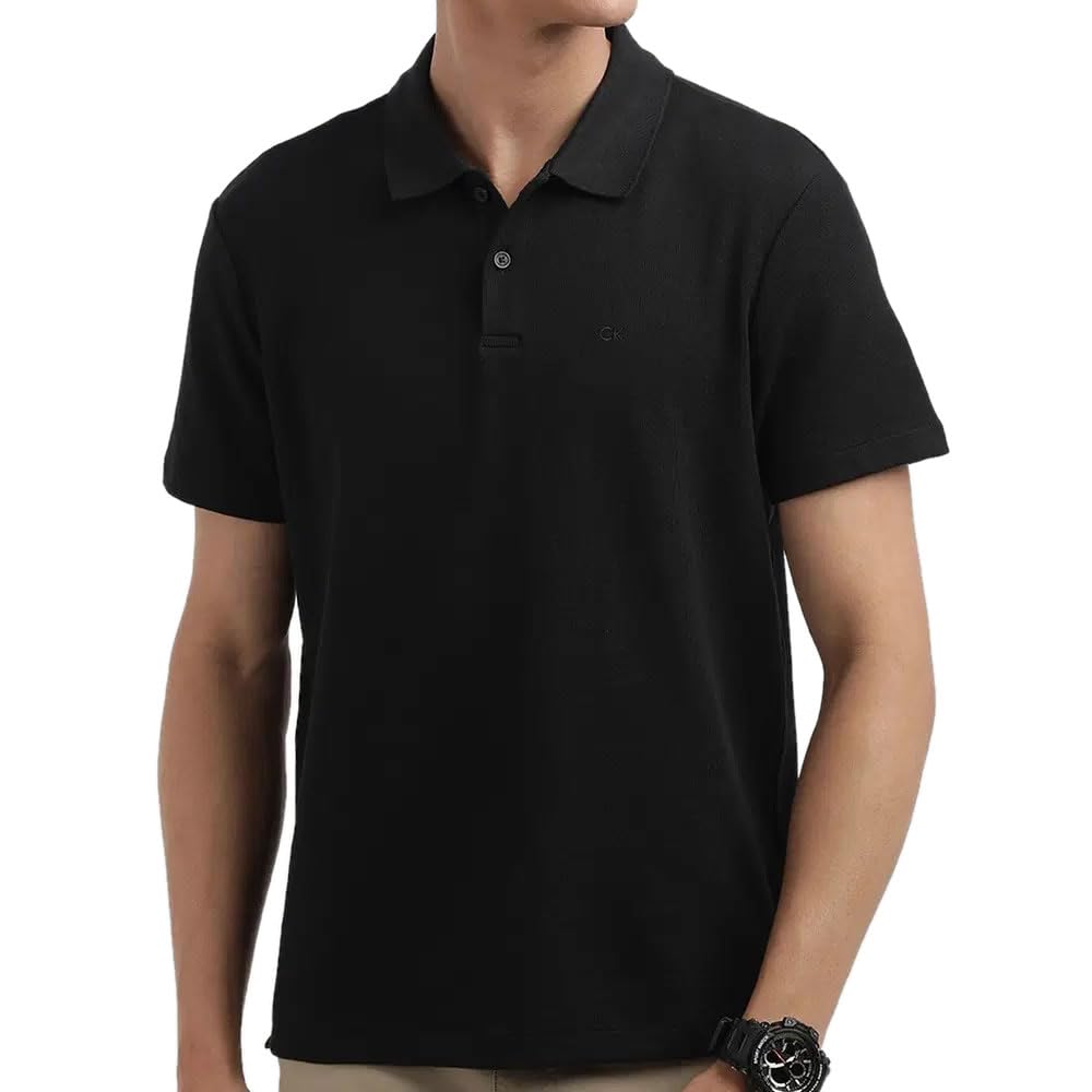 Polo Shirt MICRO WAFFLE POLO 40QC235 Black [Calvin Klein] Men's Short-Sleeve (Color (UB1)) (Size L) [Item]