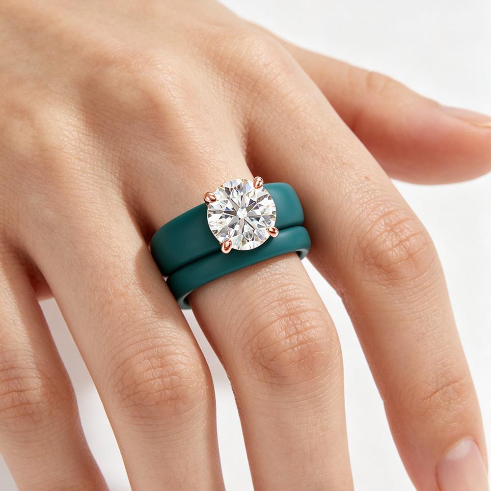 New Trend Teal Silicone & Rose Gold Ring, Large Round CZ Diamond Solitaire Ring, Fashion Women's Hypoallergenic Statement R