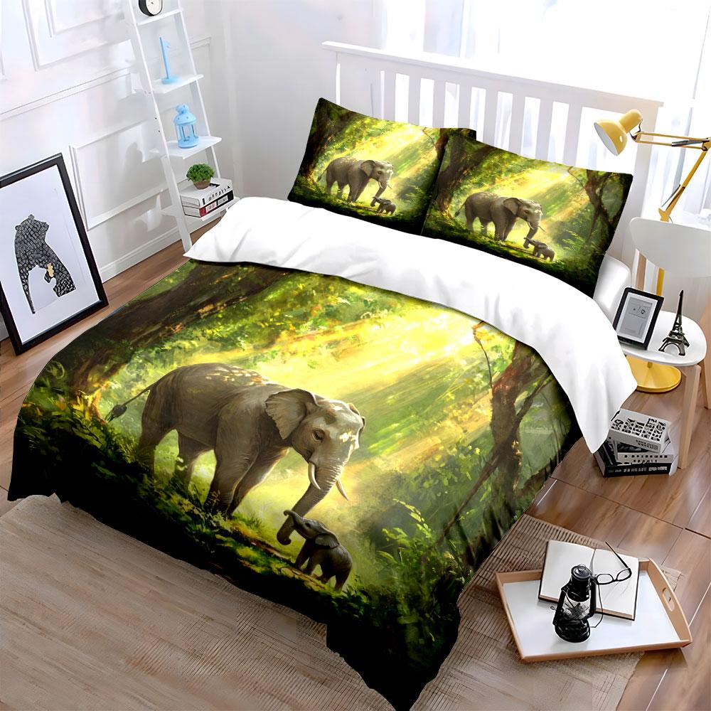 Elefantenmutter und Kalb im sonnenbeschienenen Wald Druck Bettwäsche-Set 1 Bettbezug 2 Kissenbezüge für Erwachsene Kinder Luxuriöses Geschenk Vollgröße