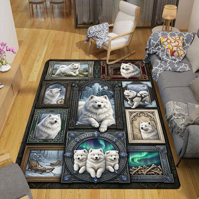White Canine Portraits Pattern Rug Floor Mat for Living Room or Bedroom Soft and Comfortable Carpet a Gift for Birthday and Holiday.
