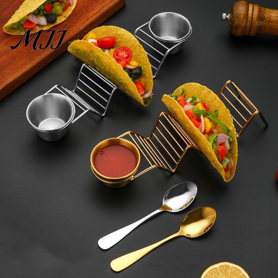 Burrito Serving Rack Taco Holder Stand with Dip Bowls, 201 Stainless Steel Wave Set, Tableware for Family Gatherings 2 Sauce Dishes And