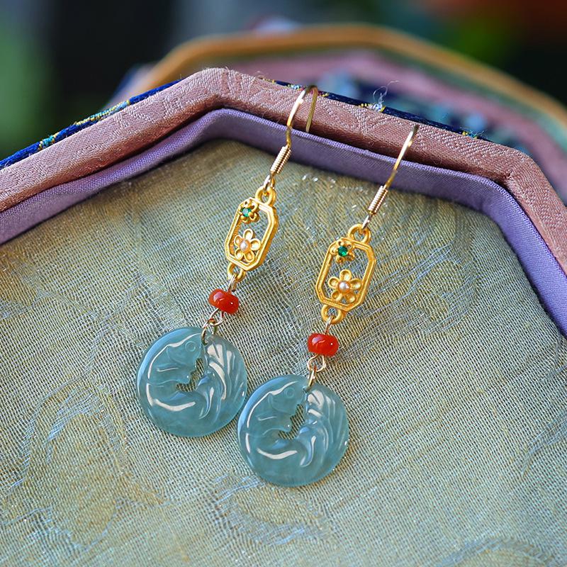 High-Grade Natural Jadeite Dangle Earrings in S925 Silver with Nine-Tailed Fox Design