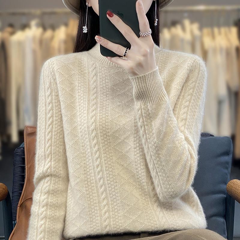 Autumn and winter new thickened jacquard semi-turtleneck long-sleeved women's top knitted sweater loose and thin jacket inside and outside