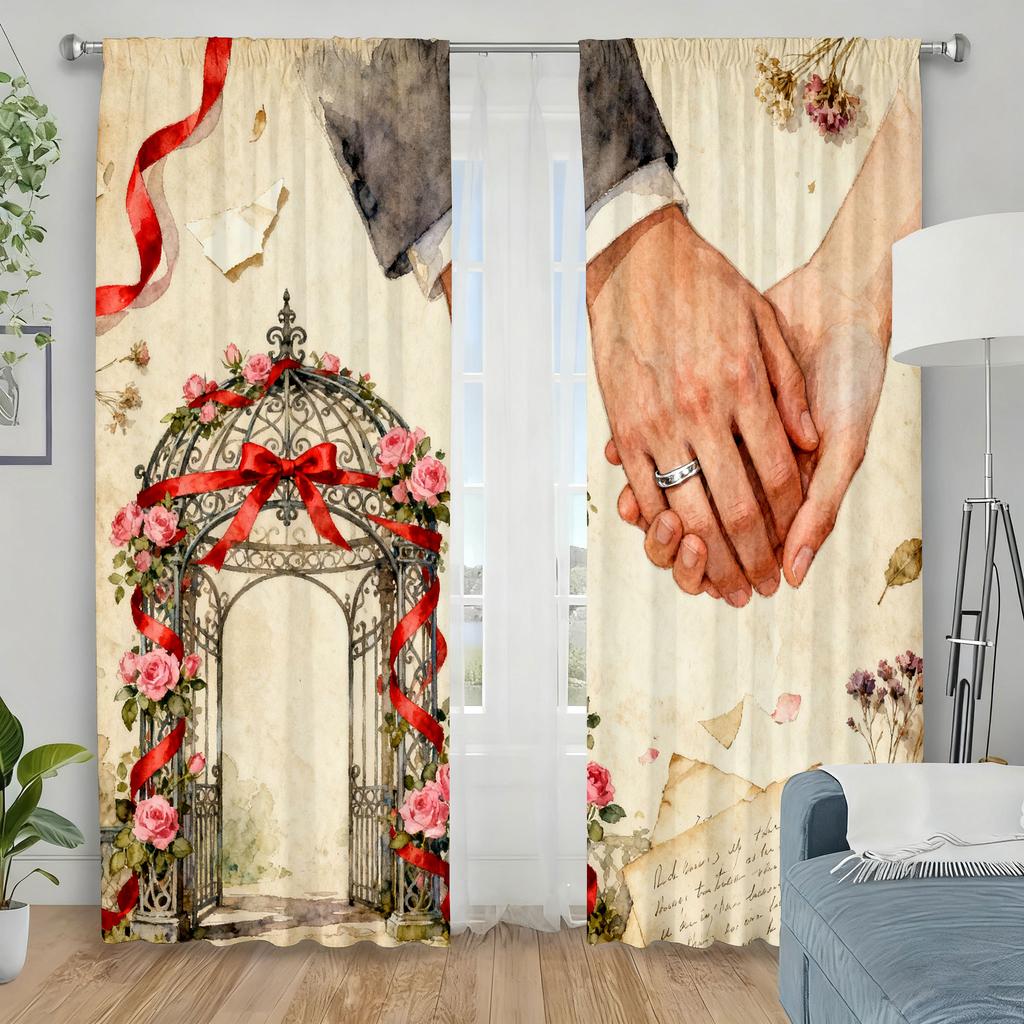 2pcs Romantic Wedding Hand & Gazebo Curtains Perfect for Bridal/Anniversary Window Decor Rod Pocket Curtains