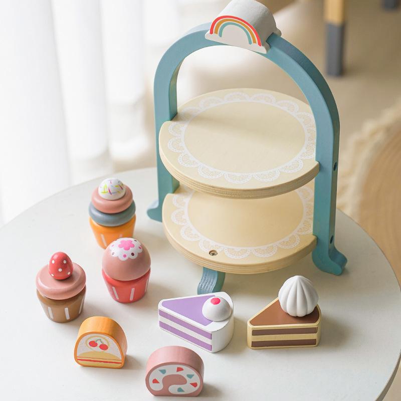 Baby Play House Double Ice Cream Dessert Tower Ice Cream Cabinet Wooden Tea Set Cutting Kitchen Simulation Toys