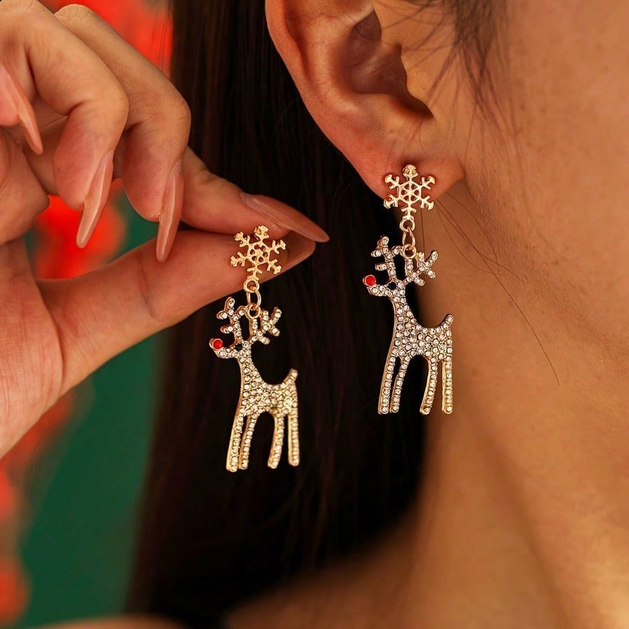 

2-Piece Sparkling Rhinestone Reindeer Earrings - Cute Cartoon Christmas Reindeer Pendant Earrings, a festive gift for Christmas and all year round. золотистый