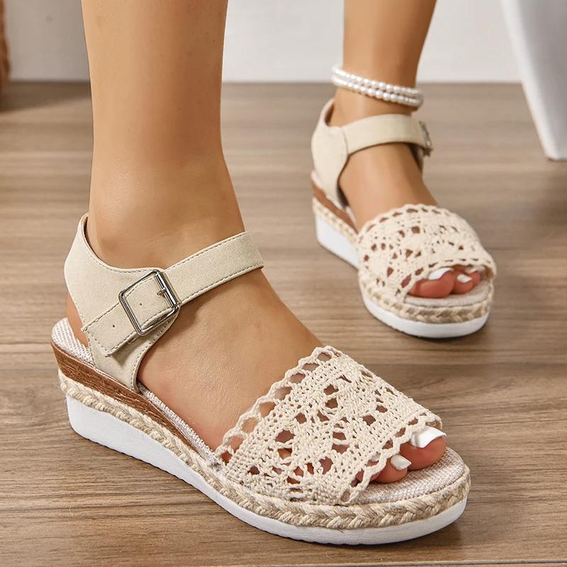 Fashion Hollow Espadrilles Wedge Sandals for Women Summer 2025 Peep Toe Ankle Strap Platform Sandals Woman Thick Sole Casual Beach Shoes