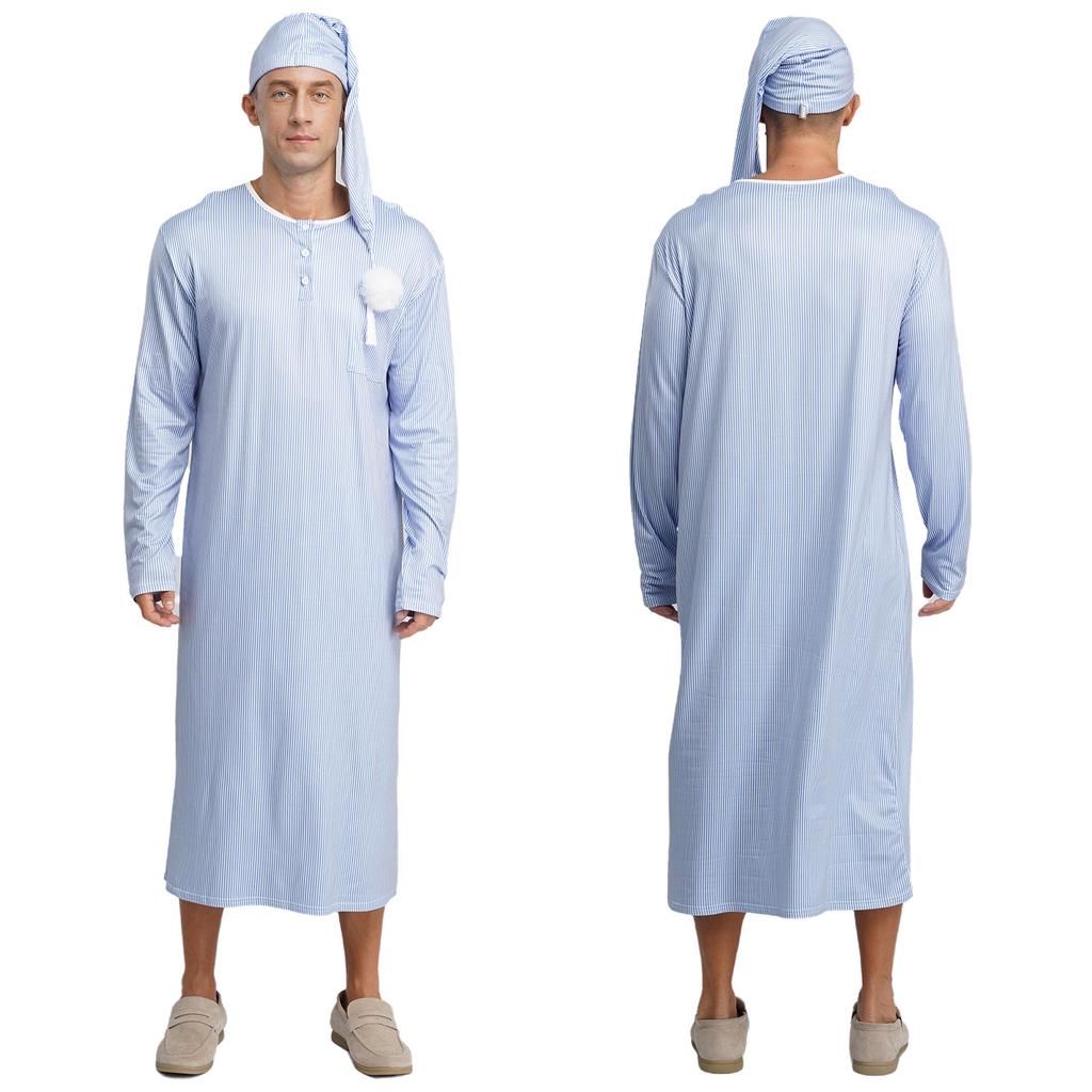 Men's Soft Loose Sleepwear Striped Long Sleeve Nightshirt with Sleeping Cap Pajama Set