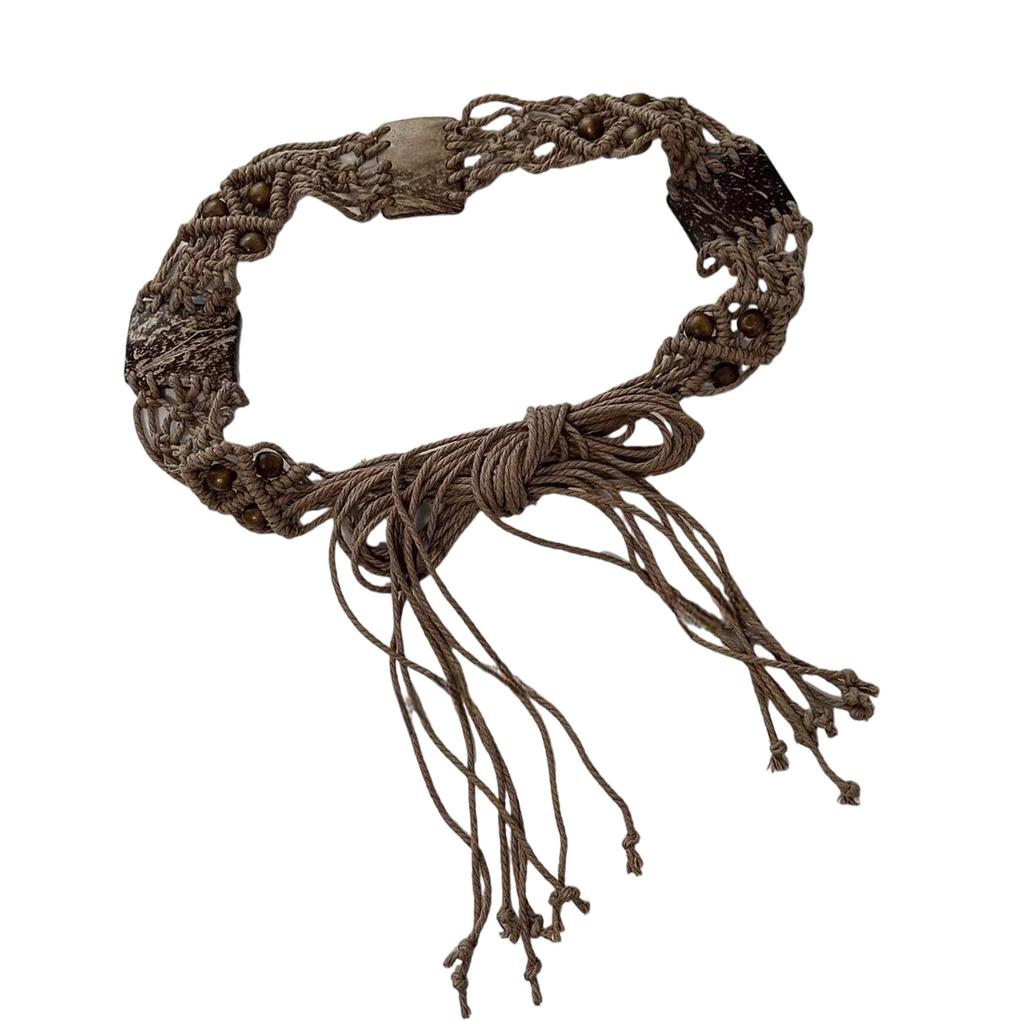Bohemian Braided Cotton Rope Belt With Wooden Beads Adjustable Waist Cincher For Dresses And High Waist Pants