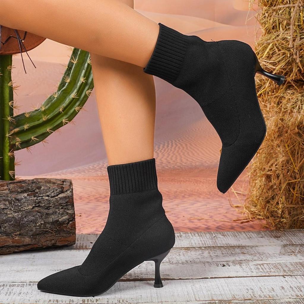 Large size autumn new fine high heel solid color pointed elastic cloth large size fashion boots 43