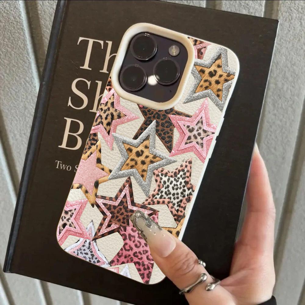 HOT Luxury Ins Colored Star Leopard Lichee Leather Phone Case For iPhone 17 16 15 14 13 12 11 Air Pro Max Plus X XR XSMax