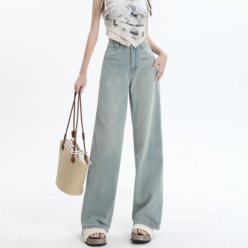 Retro starry sky pattern narrow version straight jeans women's new high-waisted and thin design light-colored wide-leg pants