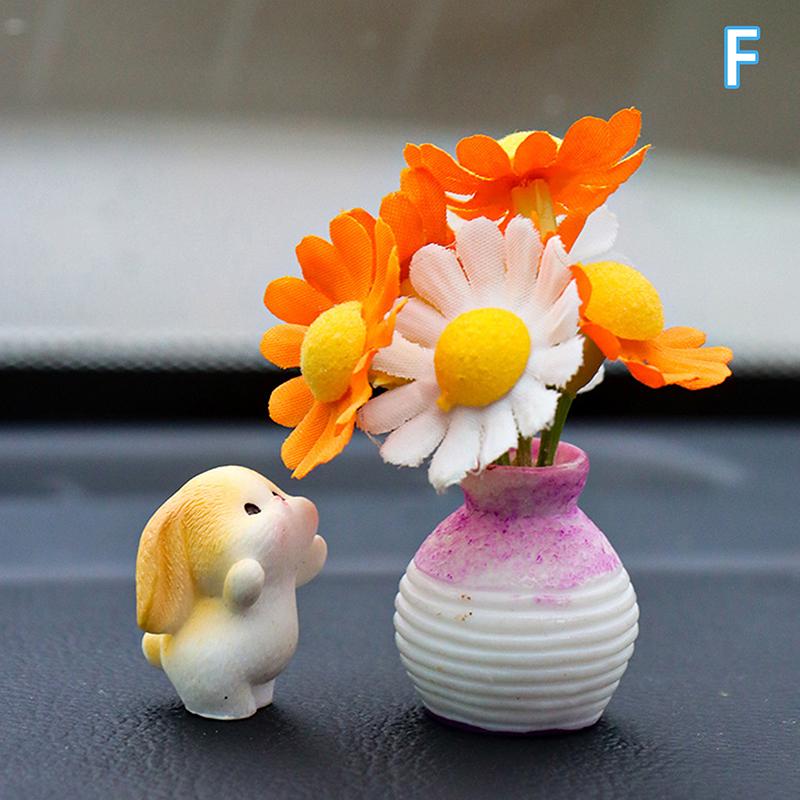 Cute Mini Bunny And Daisy Flower Vases Car Dashboard Decorations Fun Dashboard Ornament Kawaii Car Interior Accessories Rearview