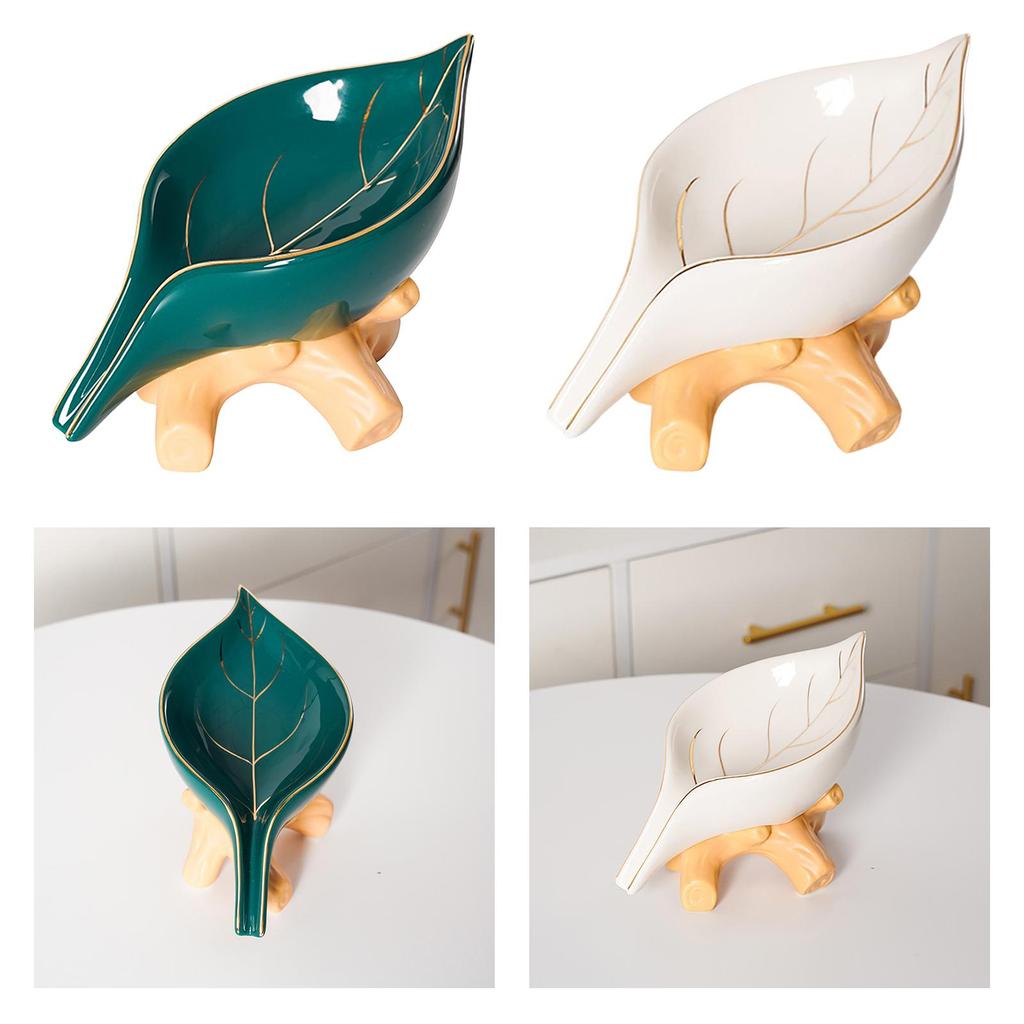 Ceramics Soap Dish with Drain Waterfall Holder for Kitchen Home Green
