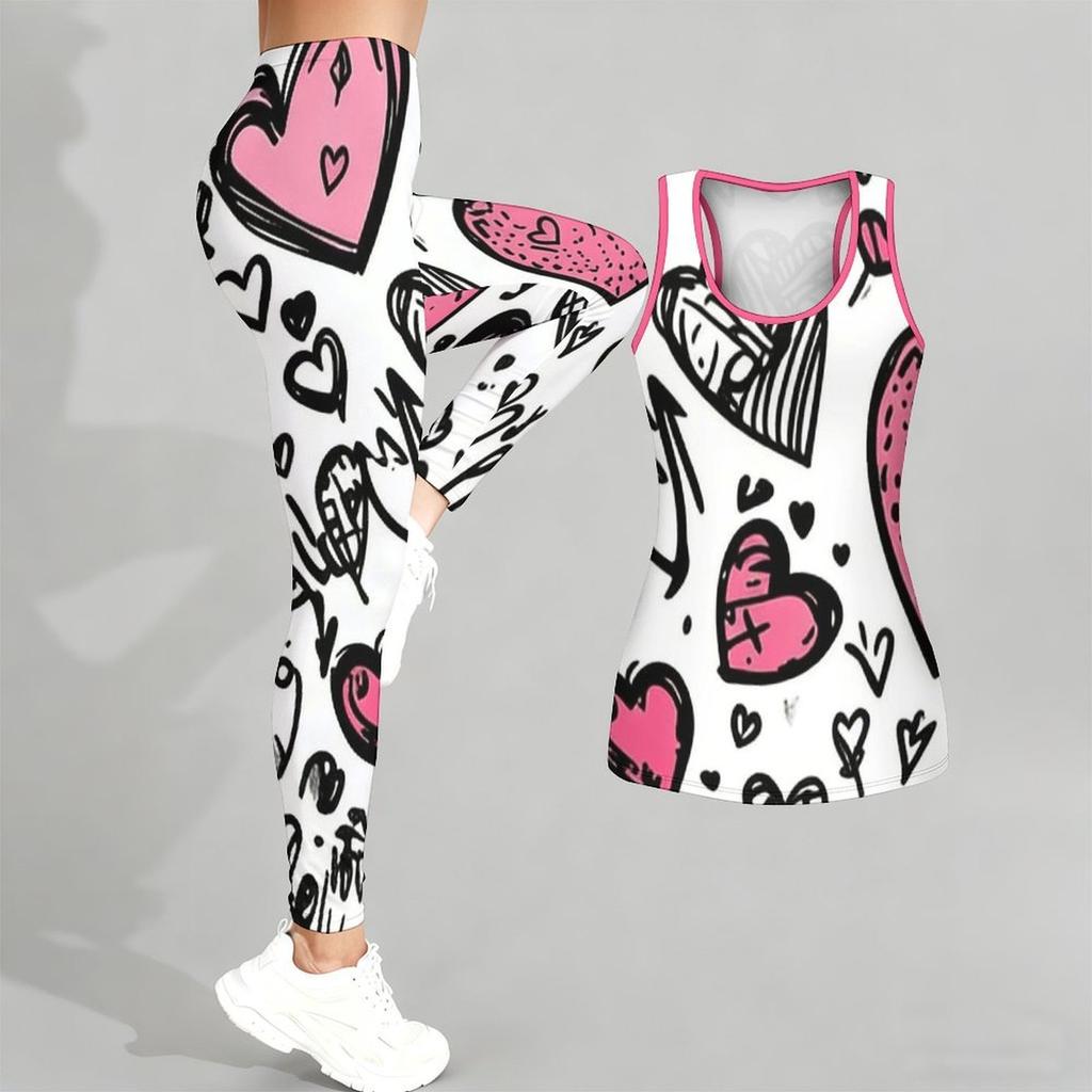 Completo Yoga Stampato a Forma di Cuore per Donna Moda Leggings da Allenamento Fitness Sportivo Set Yoga Casual Tuta Sportiva Esclusiva per San Valentino