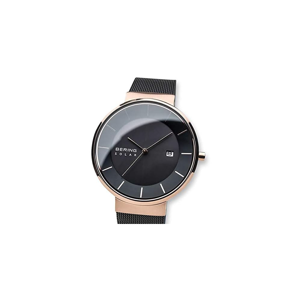 BERING Solar Watch for Men and Women (Unisex) Black and Rose Gold Stainless Steel with Mesh Strap and Sapphire Crystal (Product Number: 14639-166) Off