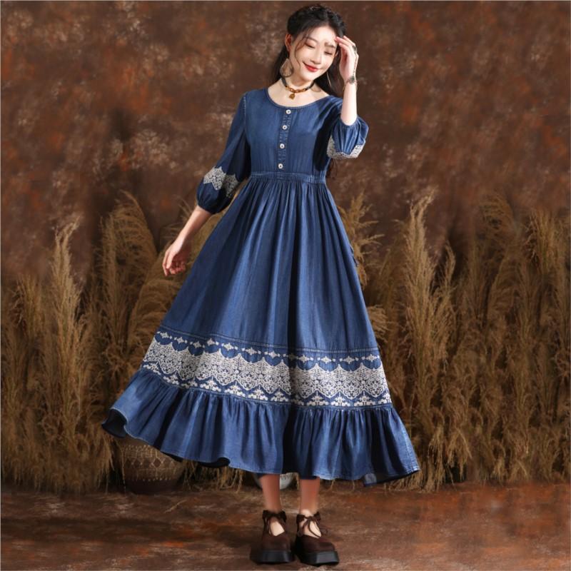 Johnature Summer Women O-Neck Elasticated Waistband Dress Vintage Embroidery Three Quarter Cowboy Dress