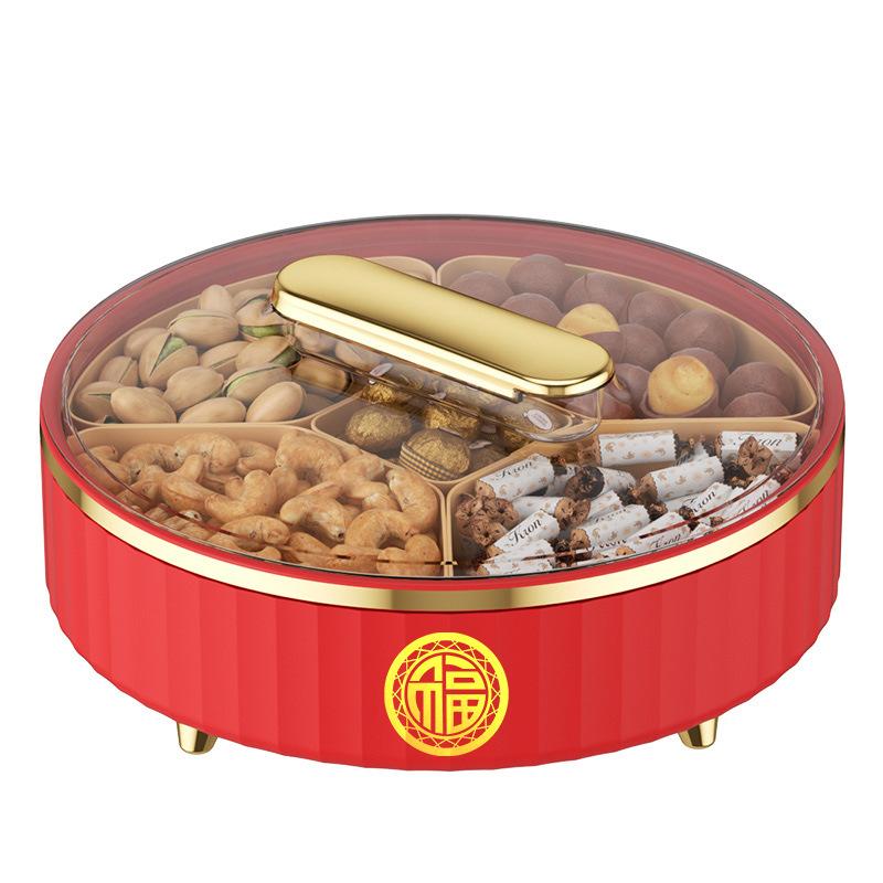 Neujahrs-Süßigkeitenteller Haushalt Wohnzimmer Couchtisch Aufbewahrungsbox für Trockenfrüchte Leichter Luxus High-End Drehbar Gitter Melonenkerne Obstteller mit Deckel