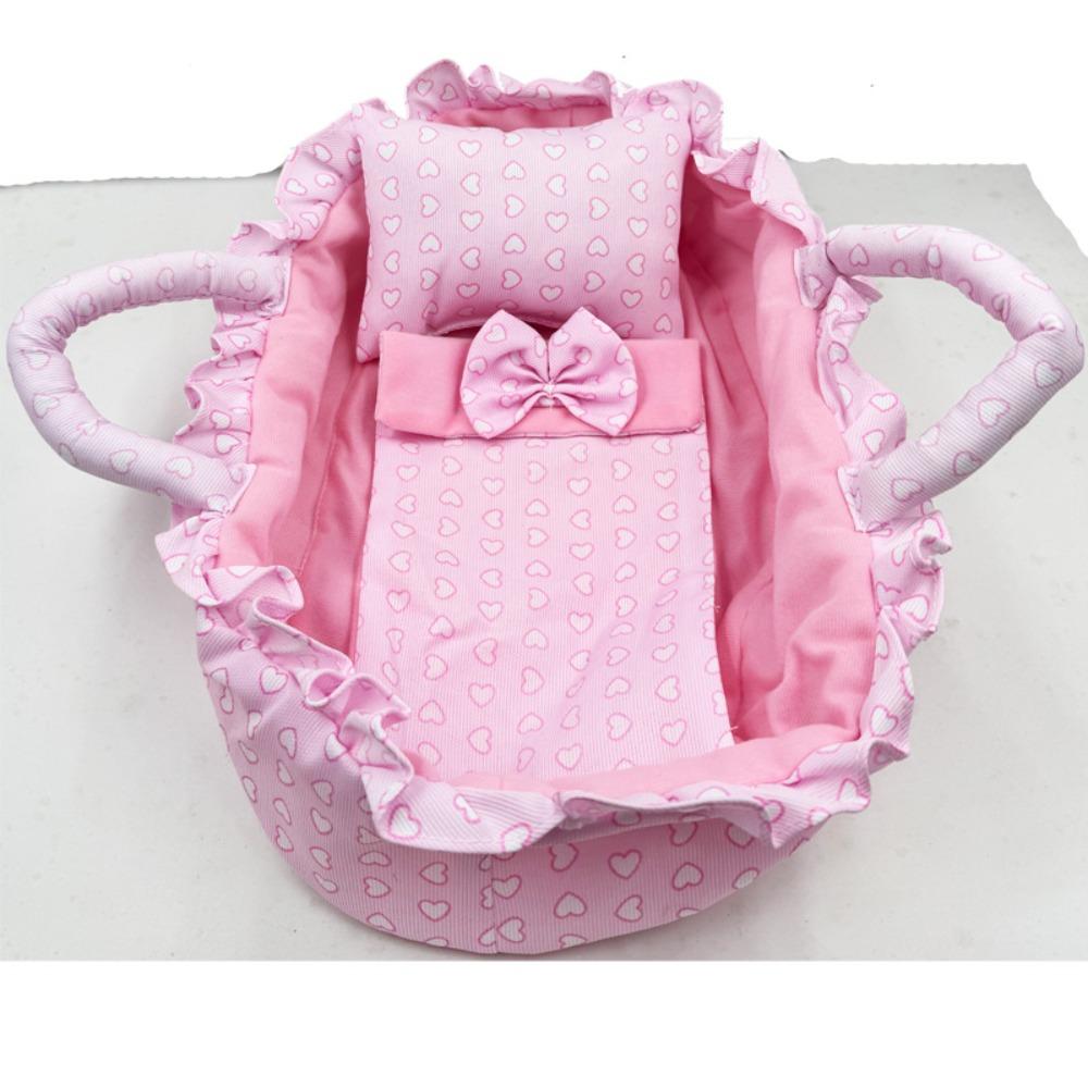 Design Handgezogener Puppenkorb Rosa Vichy-Muster Weiches Puppenhauszubehör Waschbares Material Rüschen-Design Rollenspielspielzeug