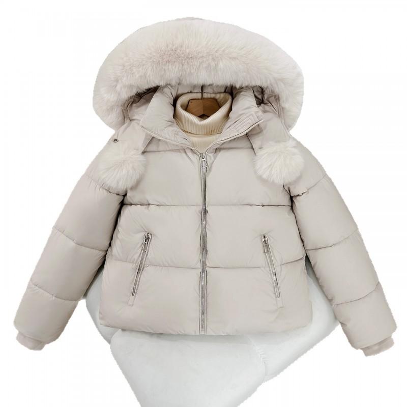 Womens Short Puffer Coat With Faux Fur Collar Hooded Winter Jacket Thick Warm Cotton Fill Korean Style