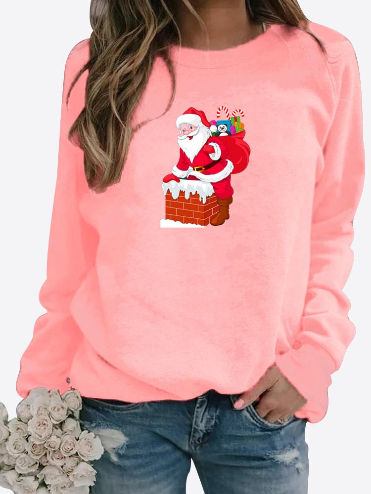 Zimowa damska Casual z długimi rękawami, nadrukiem Świętego Mikołaja, damska, wokół szyi, luźna koszulka, topy w dużych rozmiarach, sweter z długim rękawem