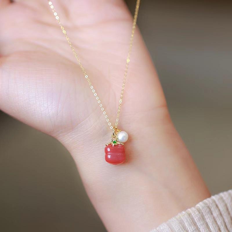 925 Silver Persimmon Ruyi Necklace, Natural South Red Agate Pearl Necklace, Female Minority Light Luxury Collar Chain, Sweater Chain